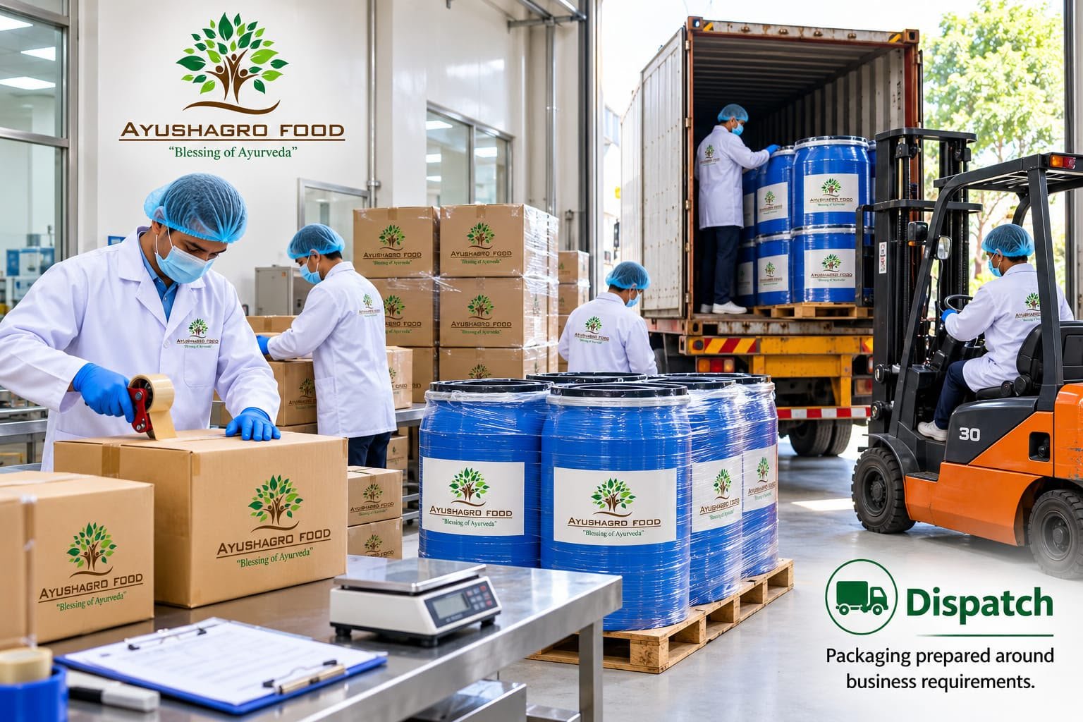 Ayushagro Food dispatch area — cartons and drums packed and loaded for delivery