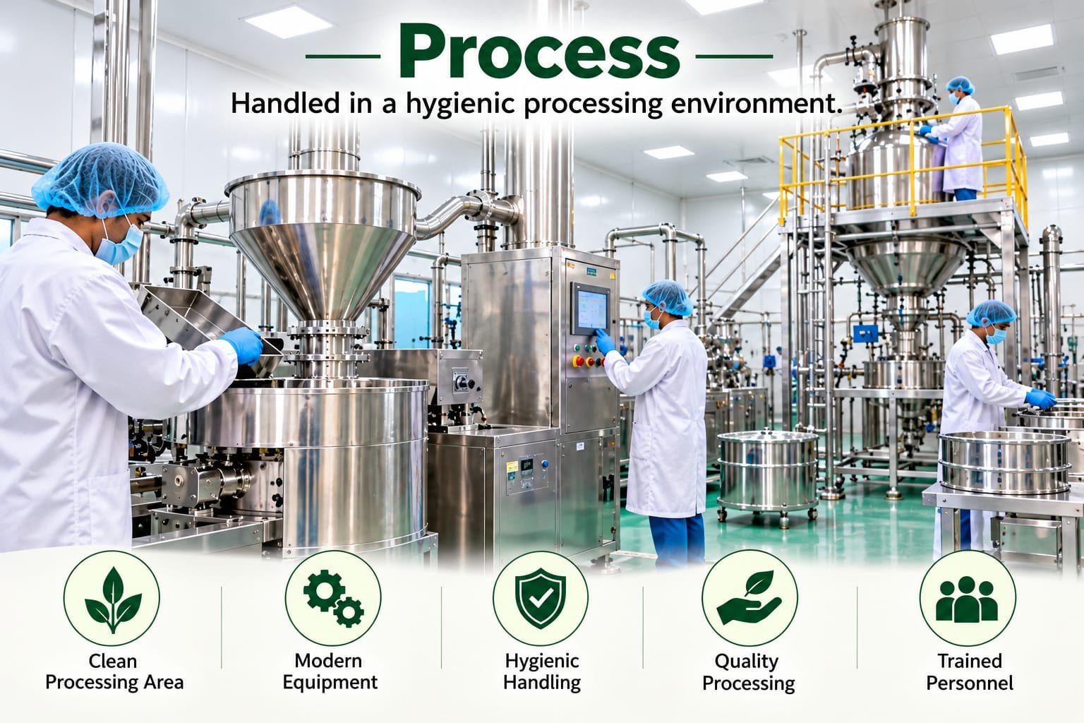 Ayushagro Food hygienic processing area with modern stainless steel equipment and trained personnel