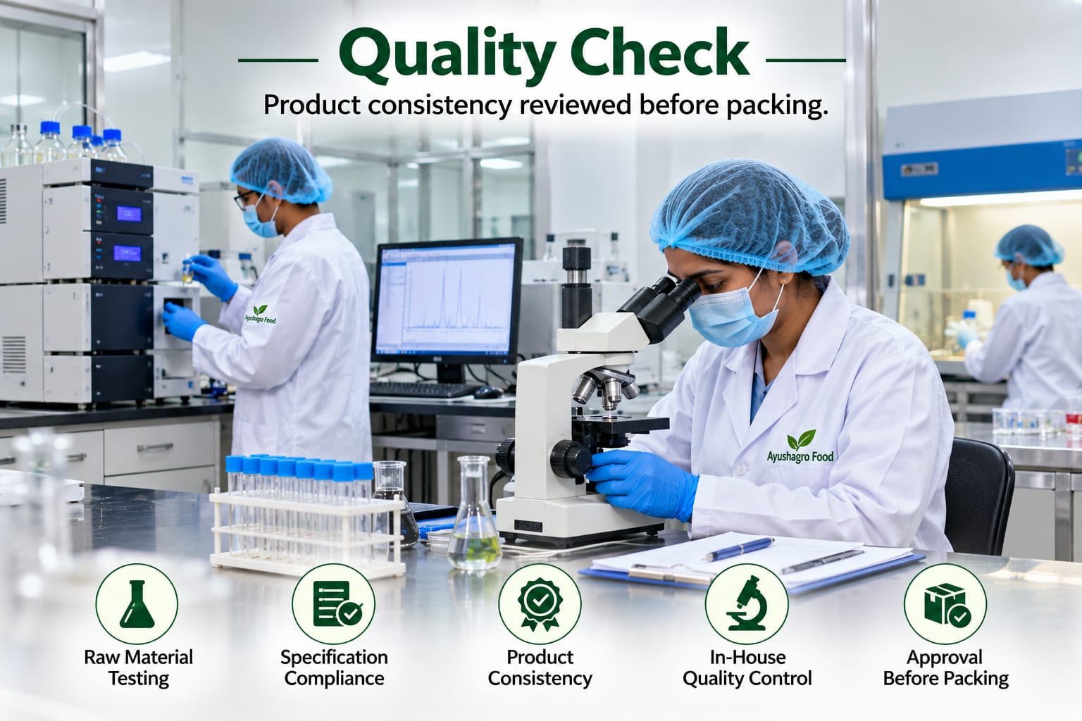 Ayushagro Food quality check lab — product consistency reviewed before packing