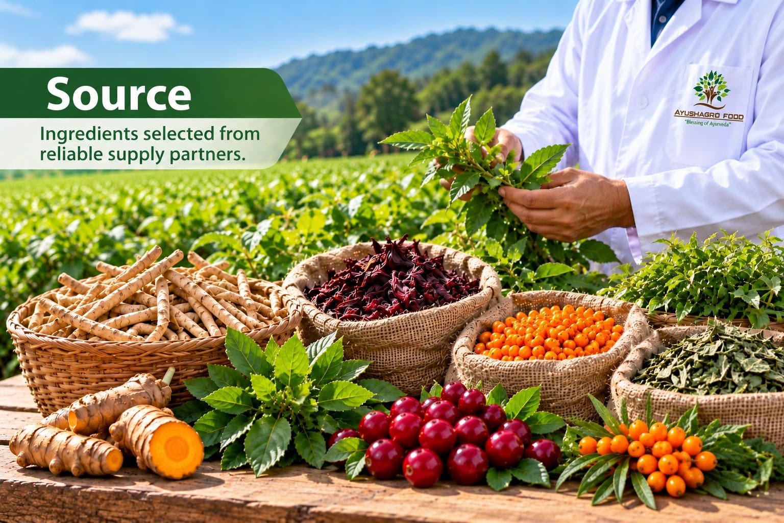 Ayushagro Food ingredient sourcing — herbs, roots, berries and leaves selected from reliable supply partners